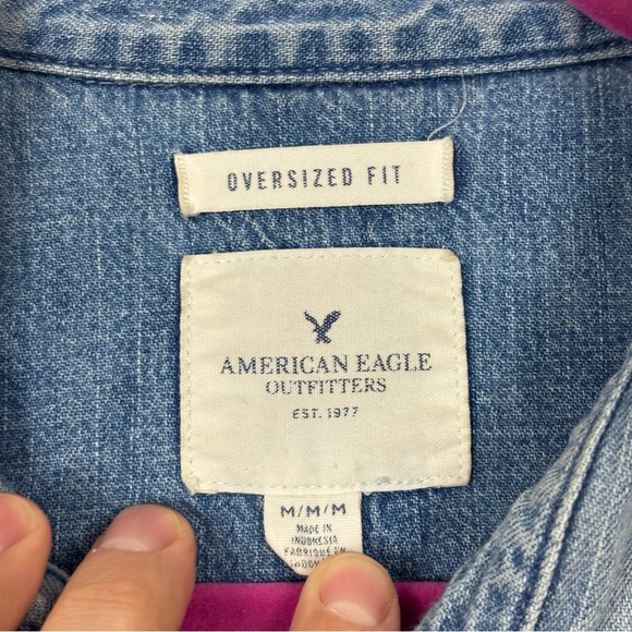 American Eagle Vintage Patchwork Denim Long Sleeve Button Down Shirt Medium - Picture 10 of 16